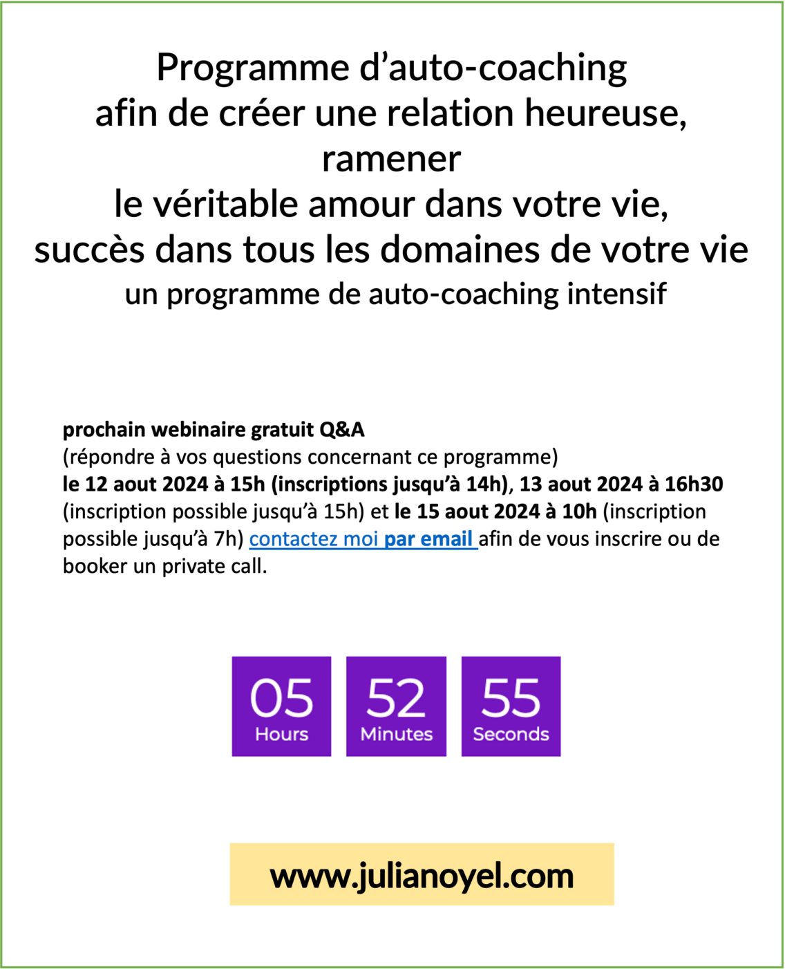 prochain webinaire gratuit Q&A Amour véritable succès dans tous les domaines (répondre à vos questions concernant ce programme)le 12 aout 2024 à 15h, 13 aout 2024 à 16h30 et le 15 aout 2024 à 10h